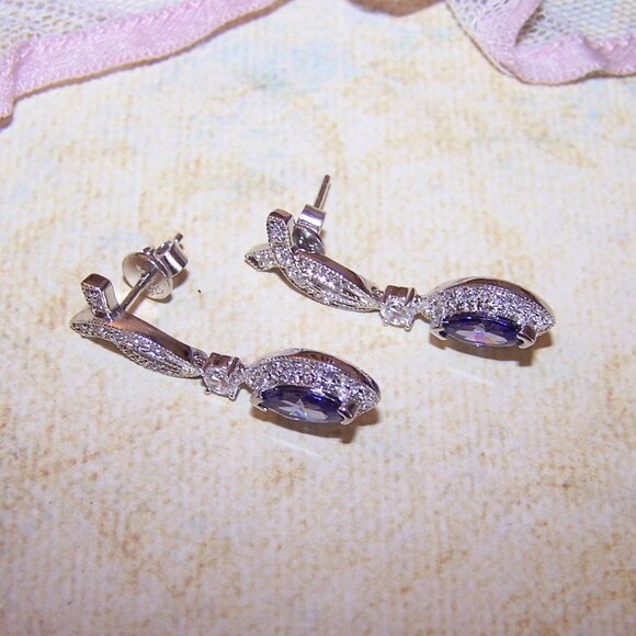 Sterling Silver Cubic Zirconia Dangle Earrings - Posts with Nuts - Picture 7 of 8